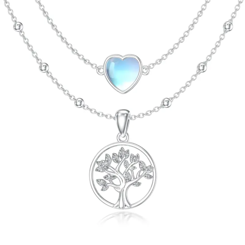 Sterling Silver Moonstone Tree Of Life & Heart Layered Necklace