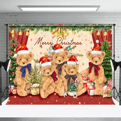 Teddy Bear Red Green Plants Merry Christmas Backdrop - Aperturee
