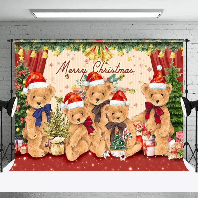 Teddy Bear Red Green Plants Merry Christmas Backdrop - Aperturee