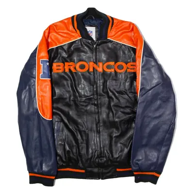 NFL Denver Broncos Mens Bomber Jacket Black Faux Leather USA Colourblock L