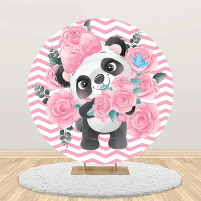 Pink White Ripple Rose Panda Round Birthday Backdrop - Aperturee