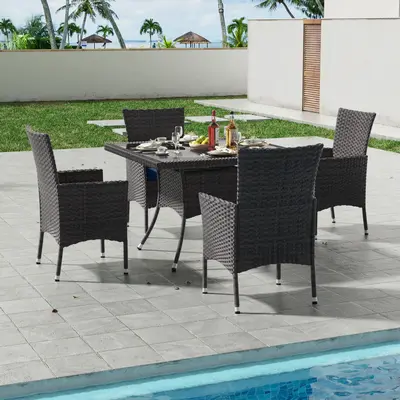 [2 packages delivery]Patio Dining Set All-Weather Wicker Outdoor Patio Furniture Set w/Tempered Glass Tabletop, Removable Cus...