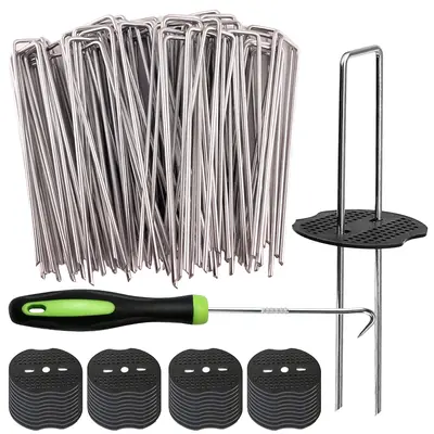 Galvanized Landscape Staples 6 Inch 11 Gauge Garden Stakes with Gasket for Weed Barrier, Drip Irrigation, Landscape Fabric & ...
