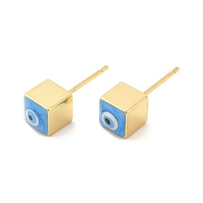 Long-Lasting Plated Cube with Enamel Evil Eye Stud Earring