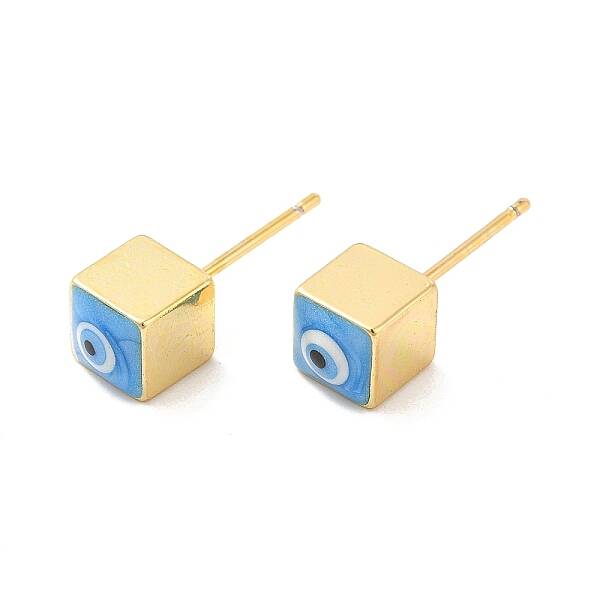 Long-Lasting Plated Cube with Enamel Evil Eye Stud Earring