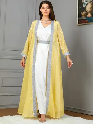 Women's Patchwork Print Islamic Set, Modest Long Sleeve Abayas & V Neck Arabian Dress Set, Ladies Two-piece Arabic Outfits, W...