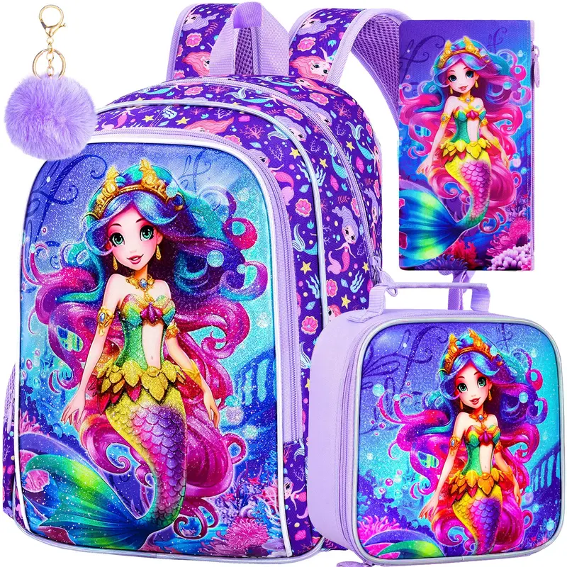 3PCS Kids Backpack for Girls, 16”Mermaid Sequin Preschool Bookbag Set, Cute Water Resistant School Bag for Elementary Kinde...