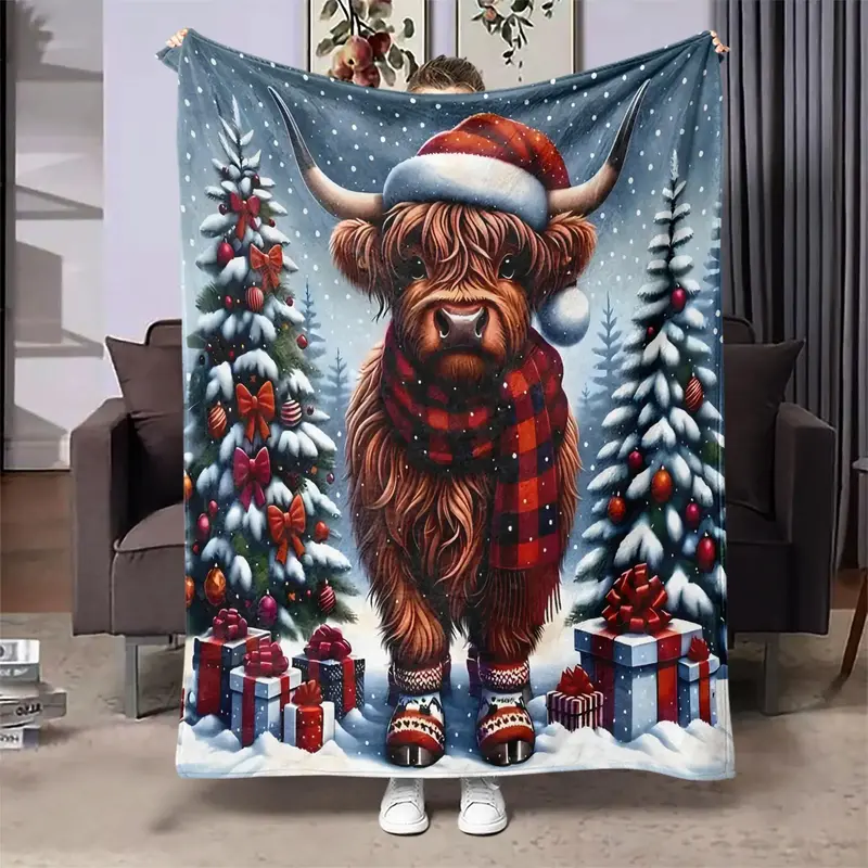 Christmas Highland Cow Pattern Blanket, 1/2 Counts Soft Comfortable Warm Throw, Air-conditioned Room Blanket, Warm Nap Blanke...