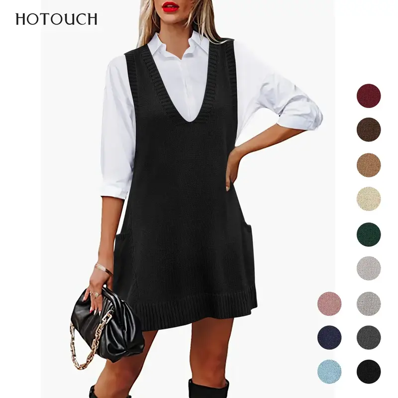 HOTOUCH Women's Sweater Vest Oversized V Neck Sleeveless Knit Pullover Ribbed Vest Dress with Pockets Fashion New Style 2025 ...