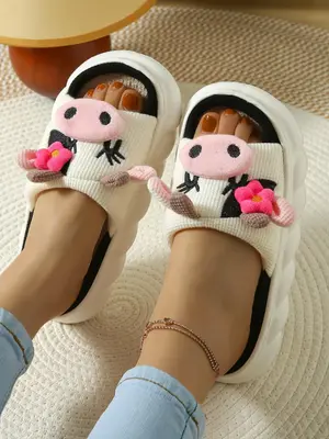 Women's Cute Cow Design Thick-soled Slippers, Casual Soft Comfortable Home Slippers, Warm House Shoes for Indoor & Outdoor Us...