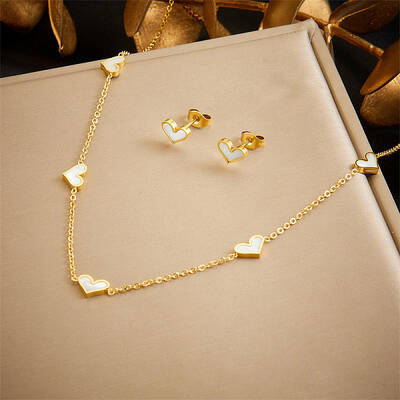 Heart Stainless Steel & Natural Shell Necklaces & Stud Earrings Sets
