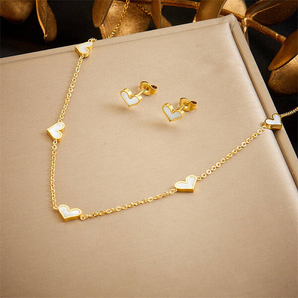 Heart Stainless Steel & Natural Shell Necklaces & Stud Earrings Sets