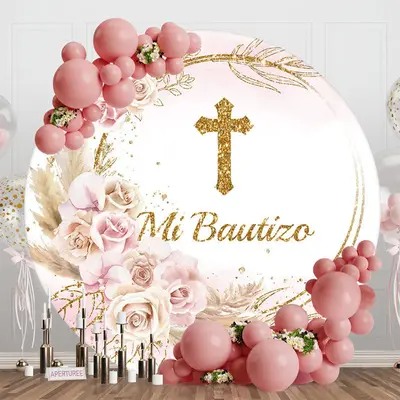 Aperturee Boho Pink White Floral Cross Round Baptism Backdrop, Diameter 5Ft/1.5M, 49 USD, round baptism backdrops, RAH0D755-C
