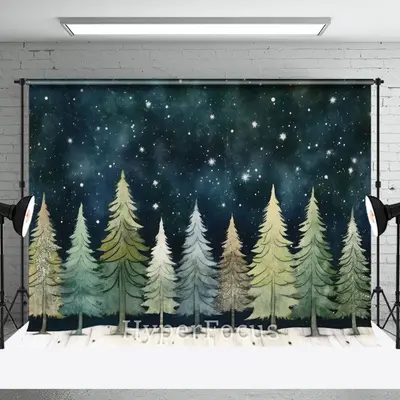 Cartoon Starry Night Sky Forest Christmas Backdrop - Aperturee