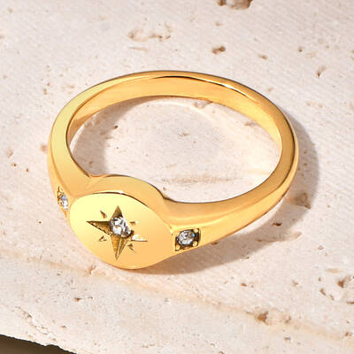 Flat Round with Star Pattern 304 Stainless Steel Micro Pave Clear Cubic Zirconia Finger Rings