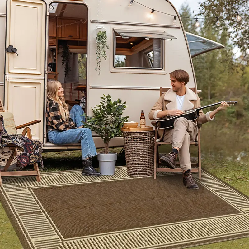 Garvee Reversible Outdoor Plastic Straw Rug - Modern Brown Coffee Striped Patio Carpet - Waterproof, Washable, Non-Slip, Coll...