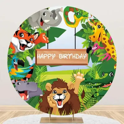Round Safari Happy Lion Animals Birthday Backdrop - Aperturee