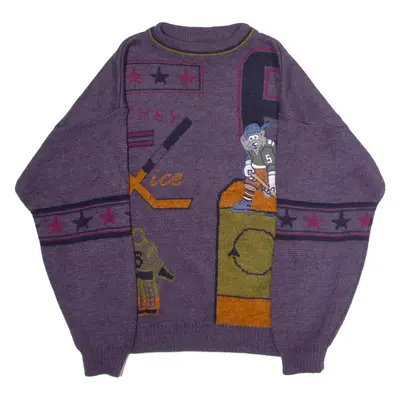 ANGELO LITRICO Hockey Dog Embroidery Mens Patterned Jumper Purple Crazy Pattern 90s Wool M