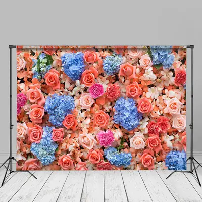 Blue Pink Floral Wedding Photo Booth Background - Aperturee