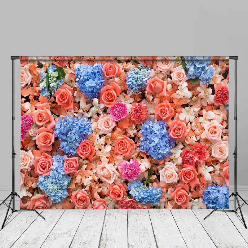 Blue Pink Floral Wedding Photo Booth Background - Aperturee