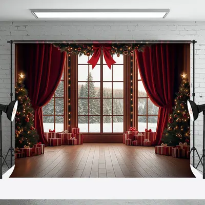 Red Bowknot Curatin Window Winter Christmas Backdrop - Aperturee