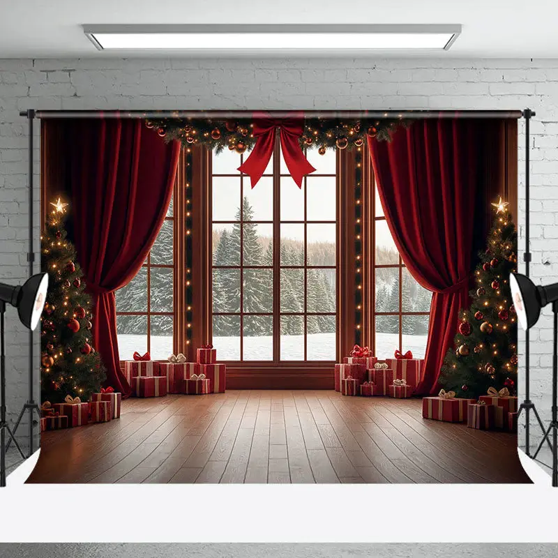 Red Bowknot Curatin Window Winter Christmas Backdrop - Aperturee