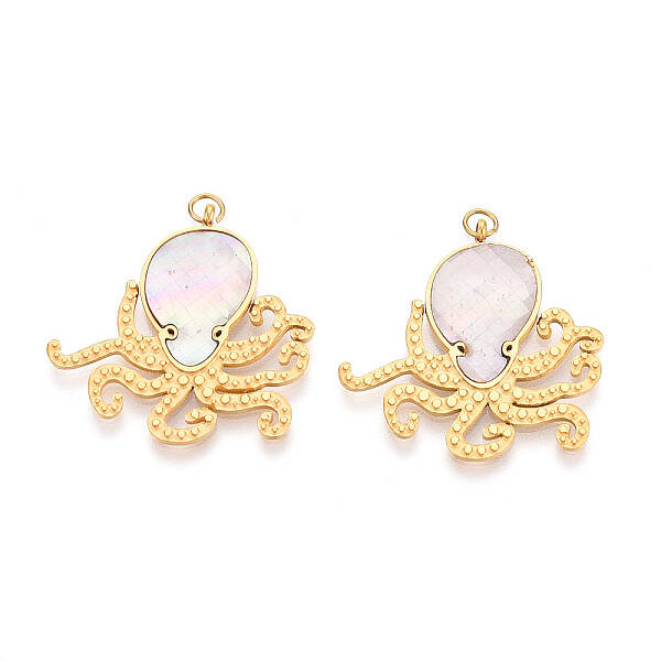 304 Stainless Steel Pave Natural Shell Pendants