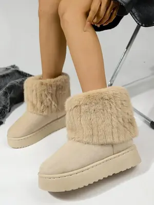 Women's Solid Color Fluffy Lined Snow Fur Boots, Casual Comfortable Mid-calf Boots for Fall & Winter, Female All-match Trendy...
