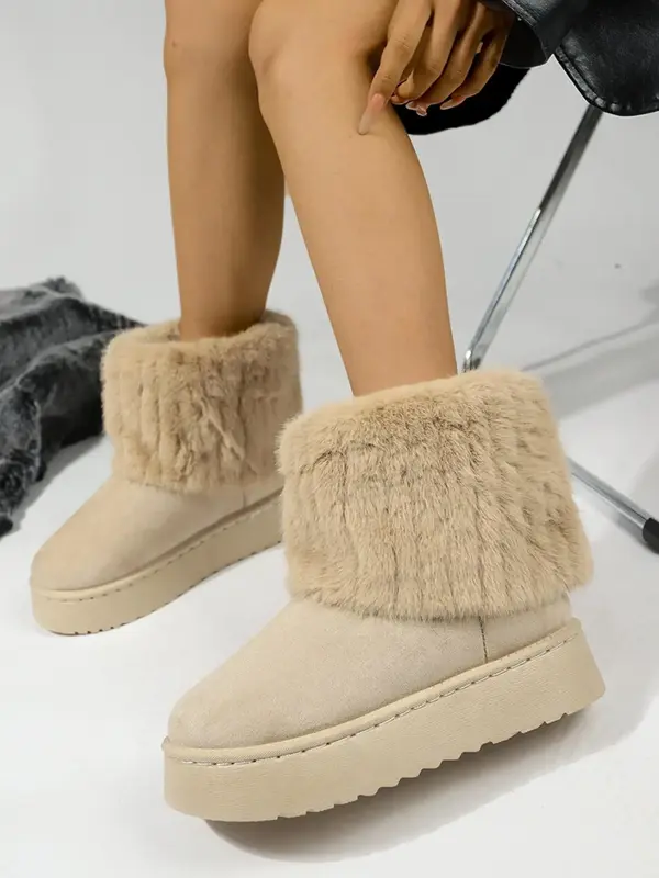 Women's Solid Color Fluffy Lined Snow Fur Boots, Casual Comfortable Mid-calf Boots for Fall & Winter, Female All-match Trendy...