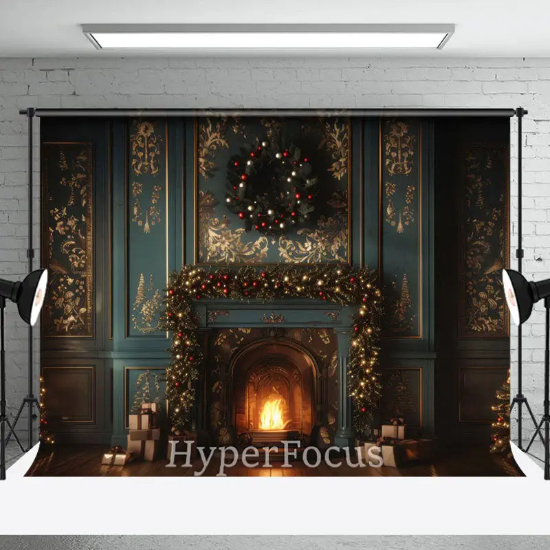 Luxury Green Gold Wall Fireplace Christmas Backdrop - Aperturee
