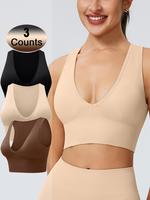Women's Solid Deep V Neck Sports Bra, Breathable Comfortable Removable Chest Pads Crop Tank Top, Bras Women, Gymclothes, Lad...