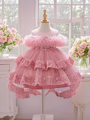 Toddler Girl's Floral Embroidery Sequins Sweater Dress, Cute Puff Sleeve Round Neck Knit Dress for Party Holiday Wedding Gues...