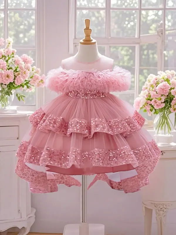 Toddler Girl's Floral Embroidery Sequins Sweater Dress, Cute Puff Sleeve Round Neck Knit Dress for Party Holiday Wedding Gues...