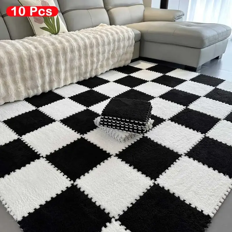 Plaid Pattern Plush Foam Interlocking Floor Mat for Room Decor, 10pcs Anti Slip Indoor Puzzle Area Rug Play Mat, Home Decora...