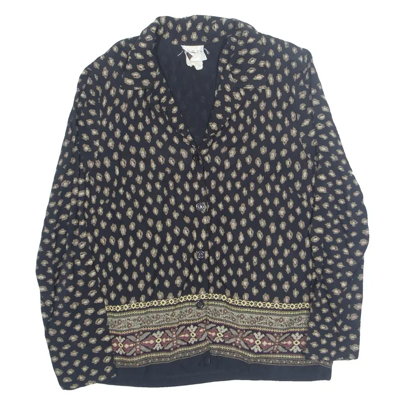 BENTLEY Womens Printed Blouse Black Collared Long Sleeve Crazy Pattern M