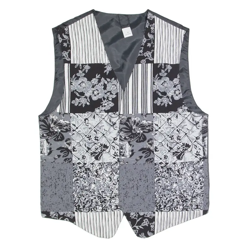 Mens Blazer Waistcoat Grey Viscose 90s Patchwork M