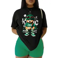 Women'S Casual Bear Graphic T-Shirt, 100% Polyester Knit Fabric, Crew Neck Short Sleeve Top, Regular Length, Alphabet Pattern...