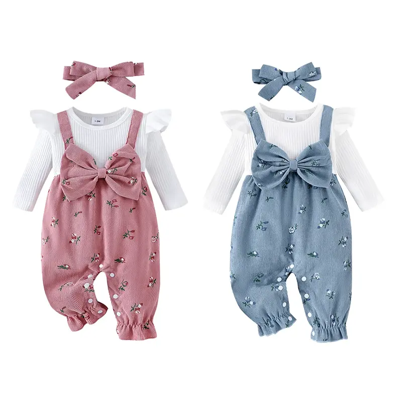 Infant Baby Girls Long Sleeve Romper Floral Print Fake Two Pieces Patchwork Bow Jumpsuits and Cute Headband Set