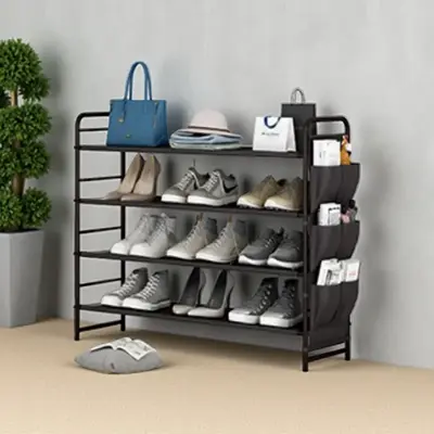SUOERNUO 4-Tier Shoe Rack Storage Organizer Free Standing Metal Shoe Shelf Compact with Side Bag for Entryway Closet Bedroom ...
