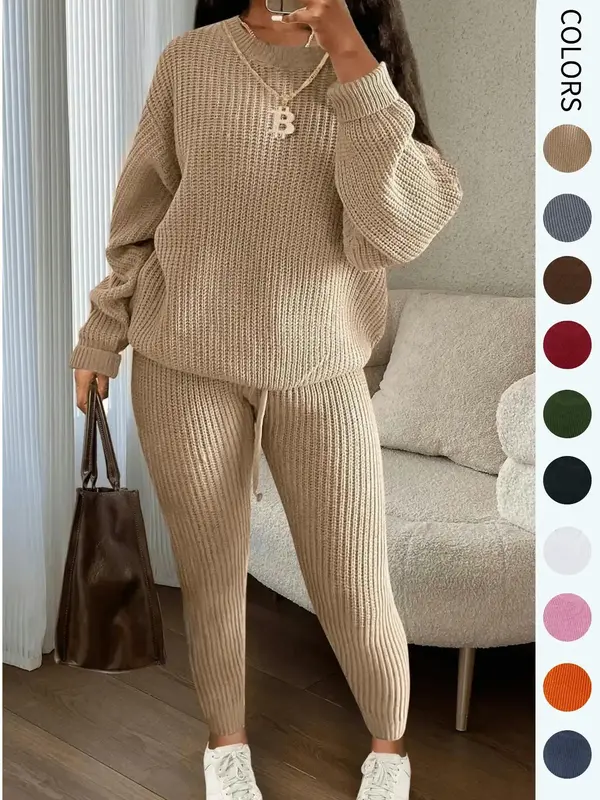 Women's Solid Drop Shoulder Long Sleeve Sweater & Drawstring Waist Pants Set, Casual Fashion Cozy Knitwear for Daily Outdoo...