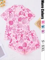 Women's All Over Shell Print Short Sleeve Pajama Two-piece Set, Elegant Casual Comfy Button Front Lapel Neck Top & Shorts Set...