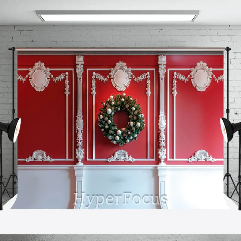 Luxury Red White Wall Wreath Christmas Vibe Backdrop - Aperturee