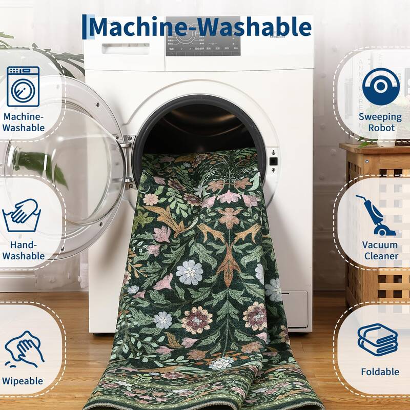 Garvee 8x10 Floral Area Rug for Living Room, Washable Non-Slip Soft Low-Pile Carpet, Durable Stain-Resistant, Pet-Friendly, D...