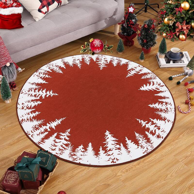 Garvee 4ft Small Round Rug Christmas Decor Circle Rug Washable Indoor Throw Floor Covers Xmas Decorative Round Area Rug Snowf...