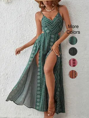 Women's Boho Striped Bodycon Dress, Split Thigh Backless Spaghetti Strap, Perfect for Beach Vacation & Layering