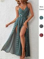 Women's Fit Random Paisley Print Cut Out Shirred Split Thigh Cami Dress, Summer Clothes Women, Boho Deep V Neck Long A Line D...