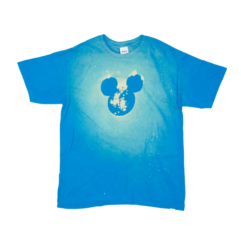 GILDAN Customised Bleach Dye Mickey Mouse T-Shirt Blue Short Sleeve Mens M