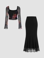 Women's Floral Print Long Sleeve Crop Top & Fishnet Skirt Two-piece Set, Elegant Fashion Casual Two Piece Outfits for Daily O...