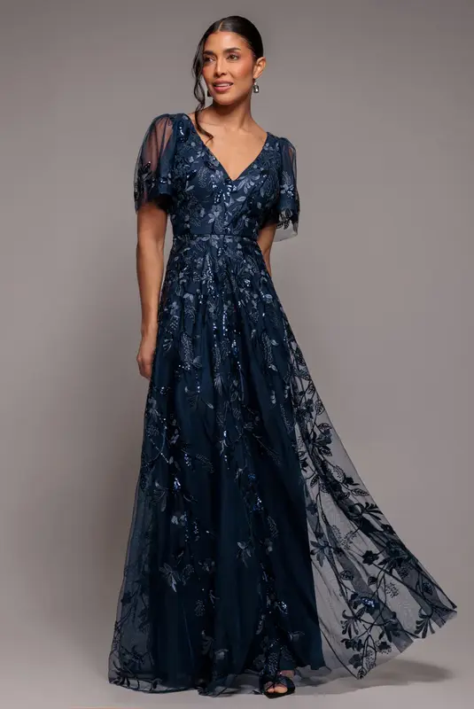 Goddiva Flared Sleeve Embroidered Maxi Dress - Navy Blue