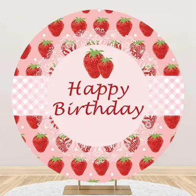 Round Pink Strawberry Plaid Happy Birthday Backdrop - Aperturee